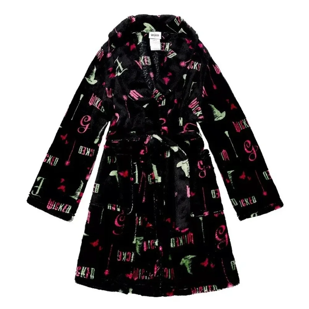 Wicked Girls Glinda and Elphaba Motifs Black‎ Plush Soft Fleece Robe Size 6